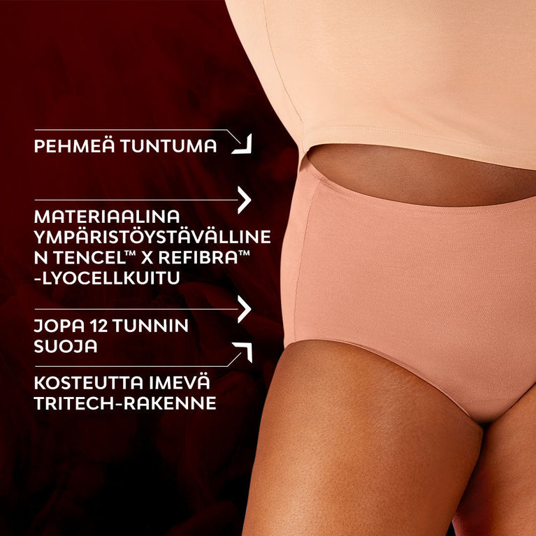 Premium Comfort High Waist Kohtalainen Vuoto Kuukautisalushousut, näkyy pehmeän tuntuman ja ympäristöystävällisen TENCEL™-materiaalin ansiosta.