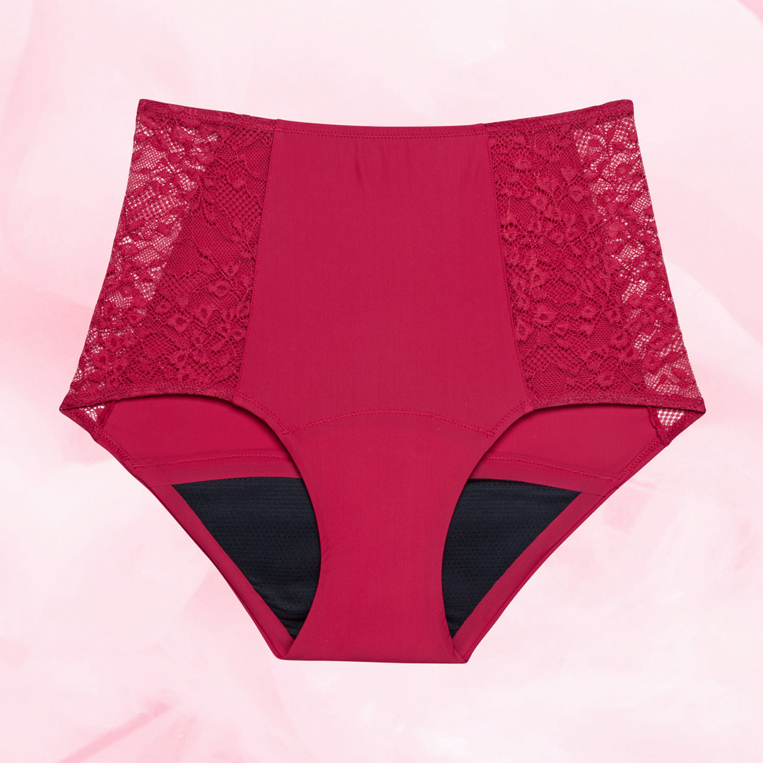 Korkea Vyötärö Floral Runsas Vuoto Kuukautisalushousut, pitsikoristeiset sivut.