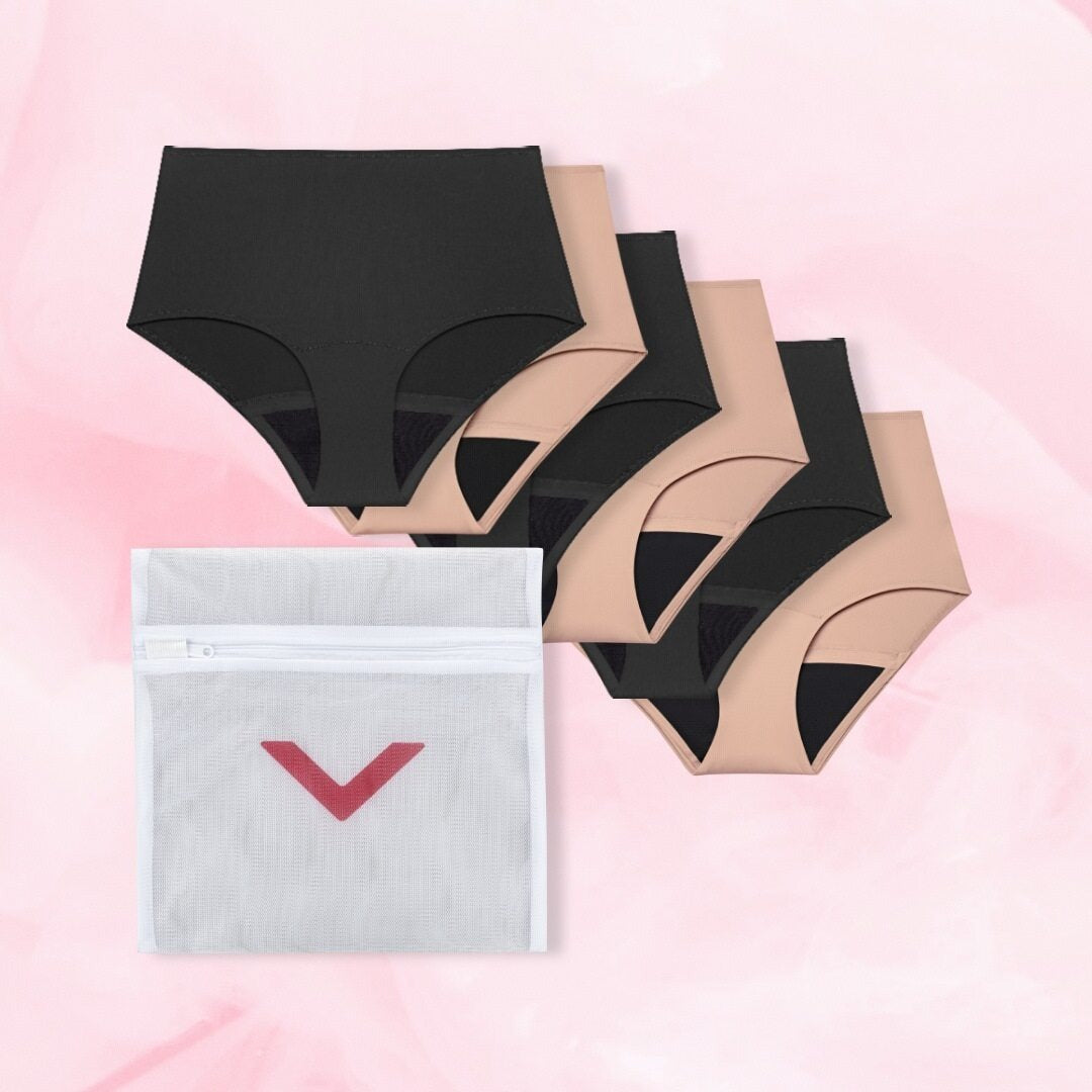 Complete Protection Set: Kuusi korkeavyötäröistä kuukautisalushousua ja pesupussi.