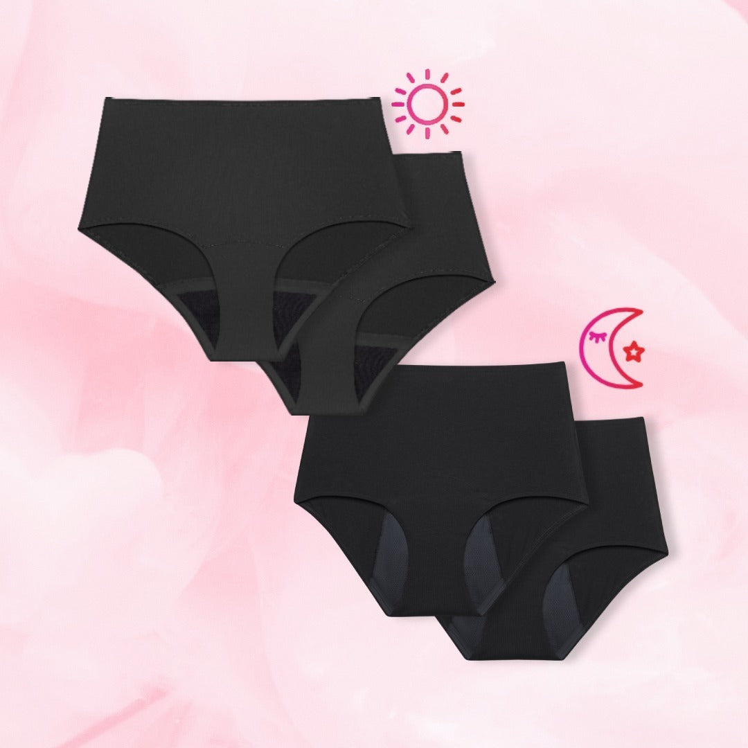 High Waist Day & Night Set: Neljä mustaa korkeavyötäröistä kuukautisalushousuparia.