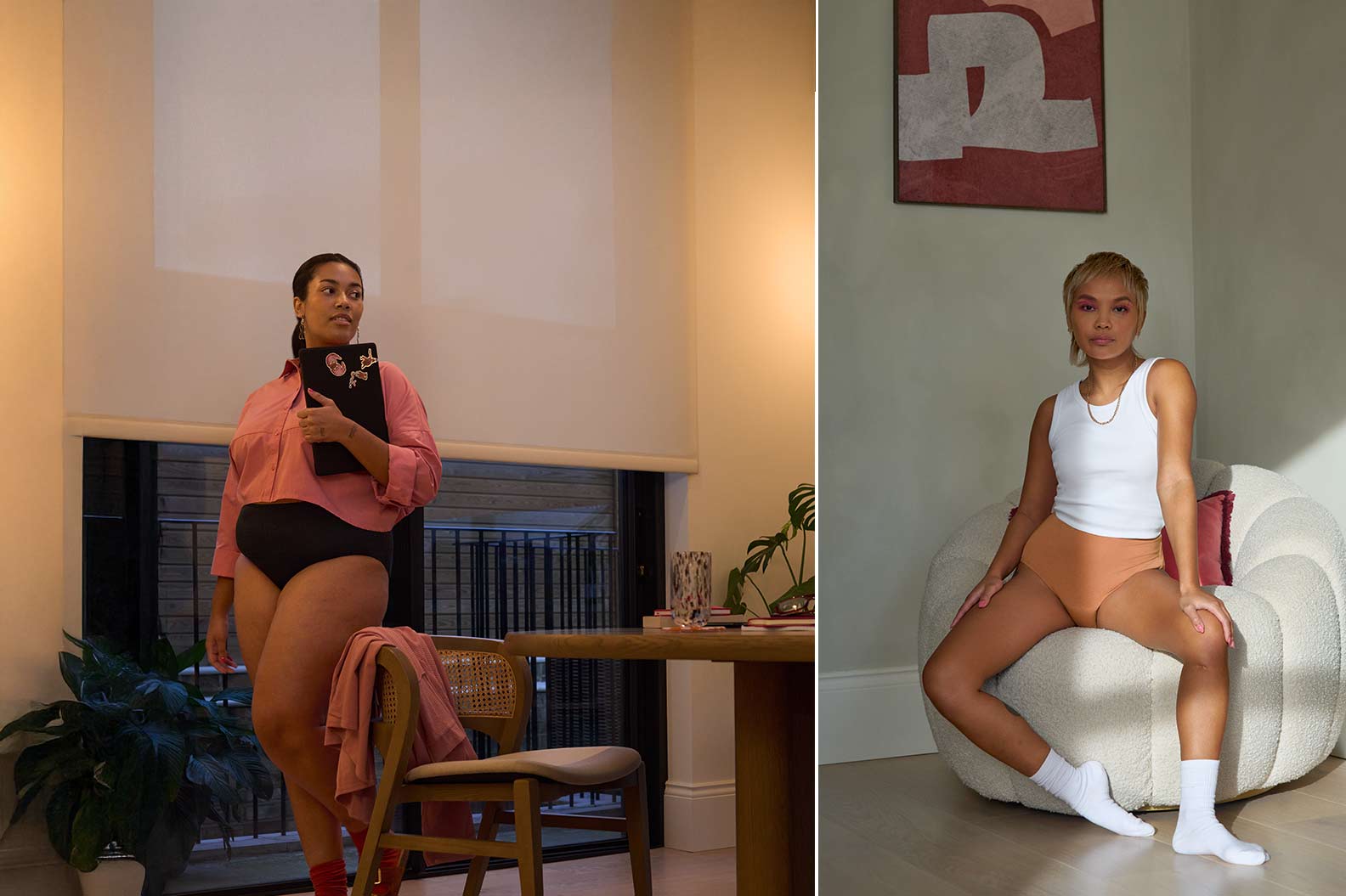 Naiset oloasussa kotona: paita ja alushousut; toppi ja alushousut.