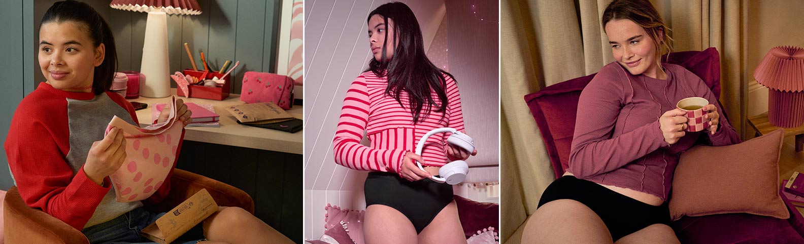 Teinityttö, jolla on yllään Libressen Teens-mallistoon kuuluvat kuukautisalushousut