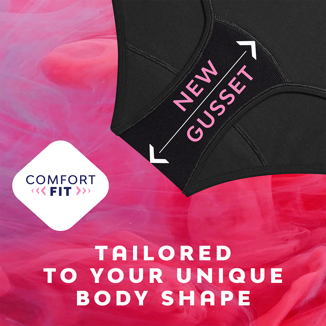 ComfortFit High Waist niukka vuoto -kuukautisalushousut, joissa pinkki grafiikka.