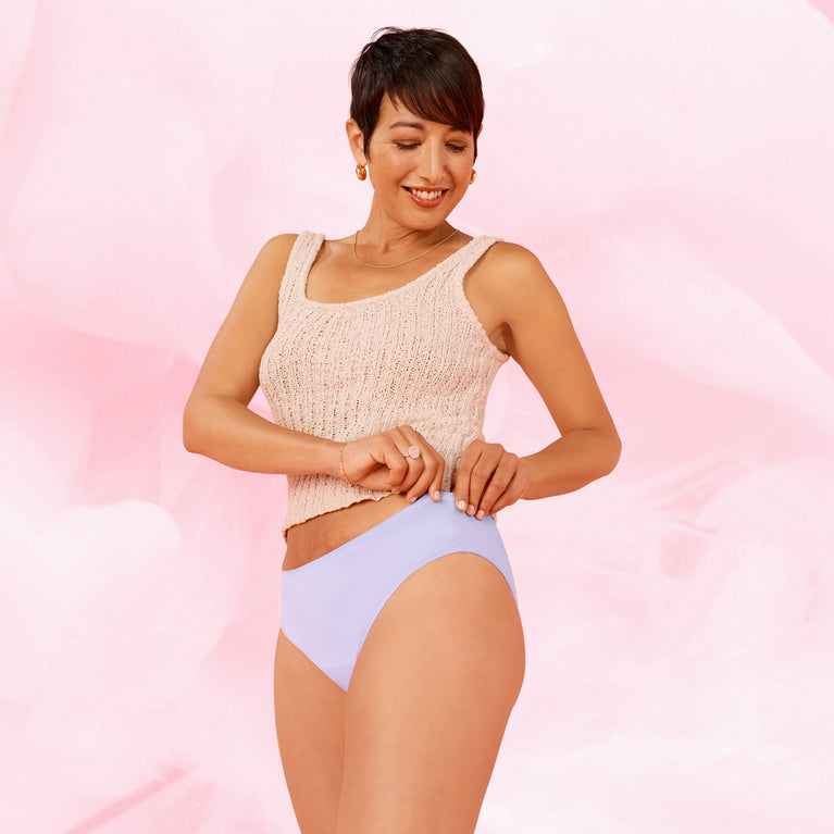 ComfortFit Essentials Brazilian moderate flow period underwear.