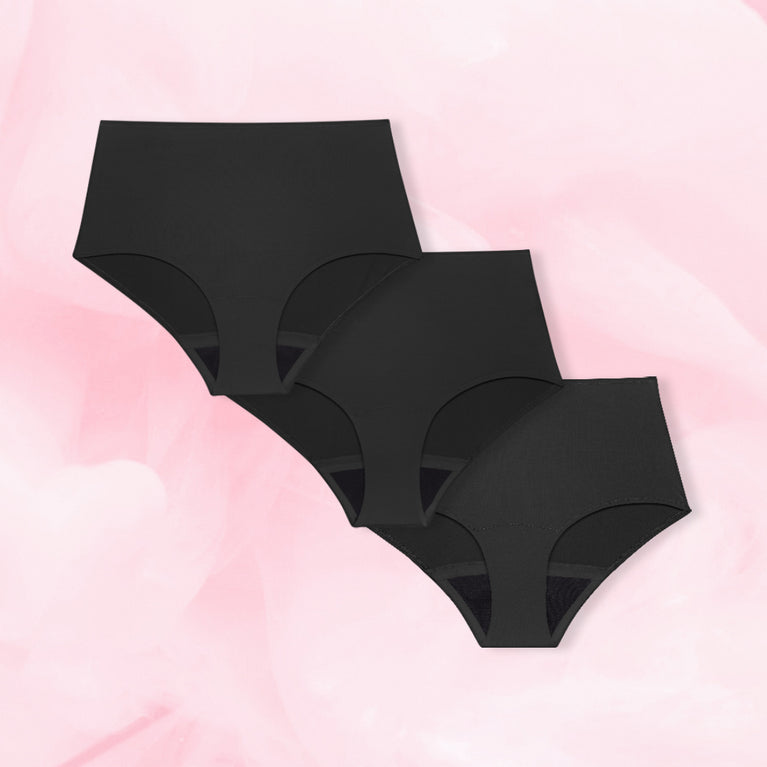 High Waist Discovery -monipakkaus: kolme saumattomia mustia korkeavyötäröisiä kuukautisalushousuja.