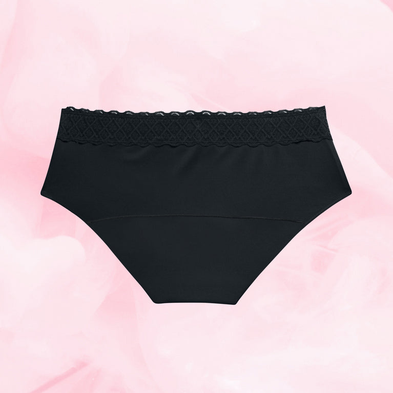 Hipster Full Lace Runsas Vuoto Kuukautisalushousut with lace waistband.