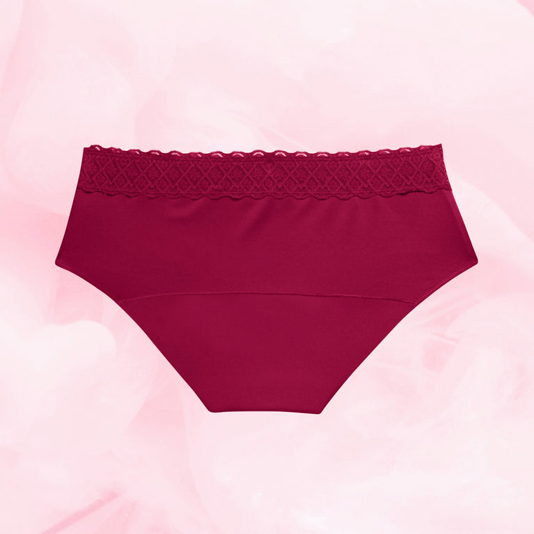 Hipster Full Lace Runsas Vuoto Kuukautisalushousut with lace waistband.