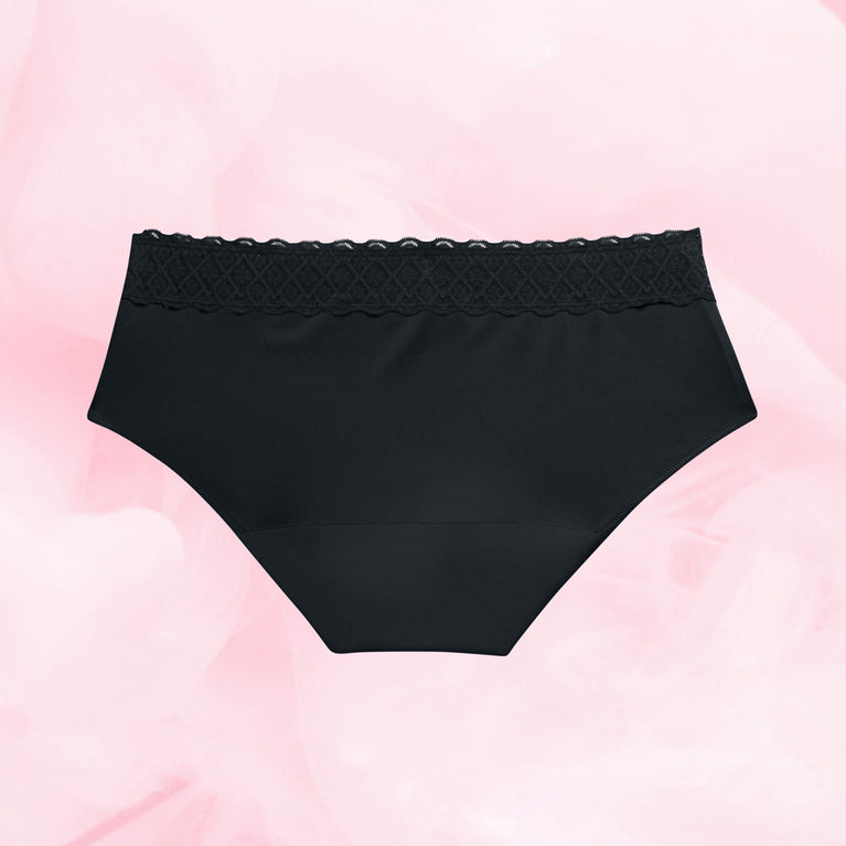 Hipster Full Lace Kohtalainen Vuoto Kuukautisalushousut with delicate lace waistband.