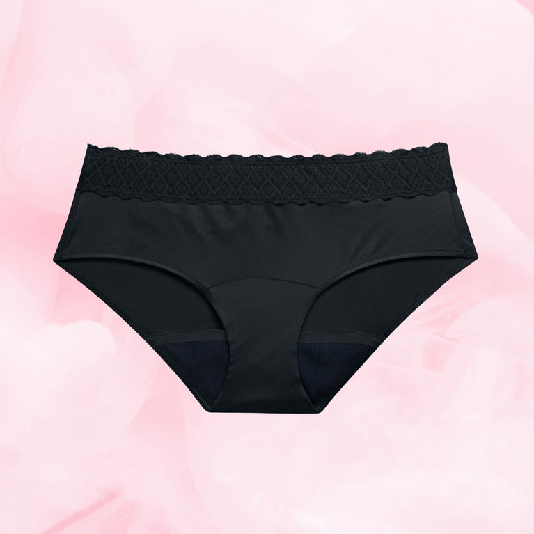 Hipster Full Lace menstrual underwear with soft lace waistband.