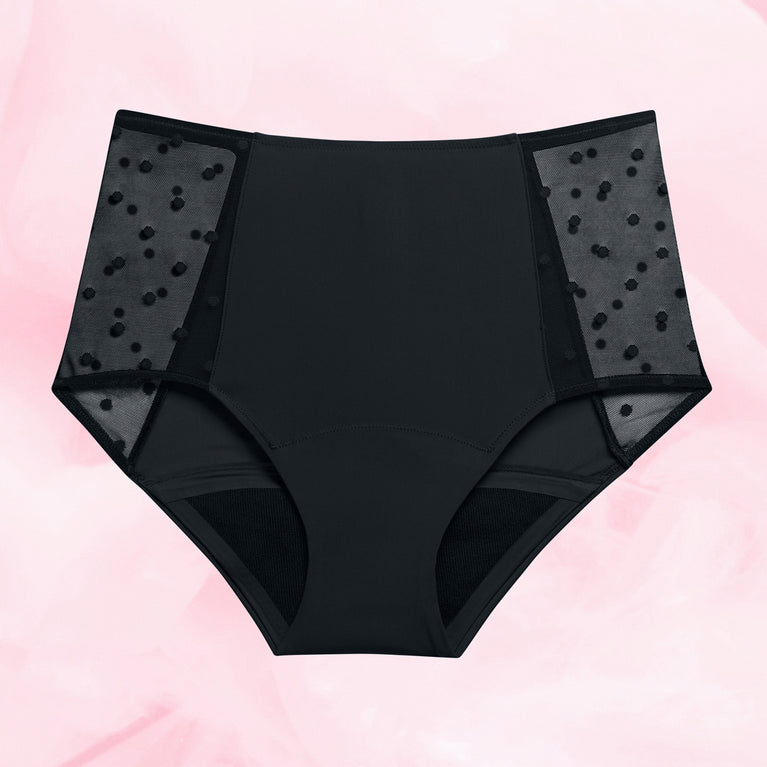 High-waisted Dots Moderate Flow Menstrual Briefs with lace trim.