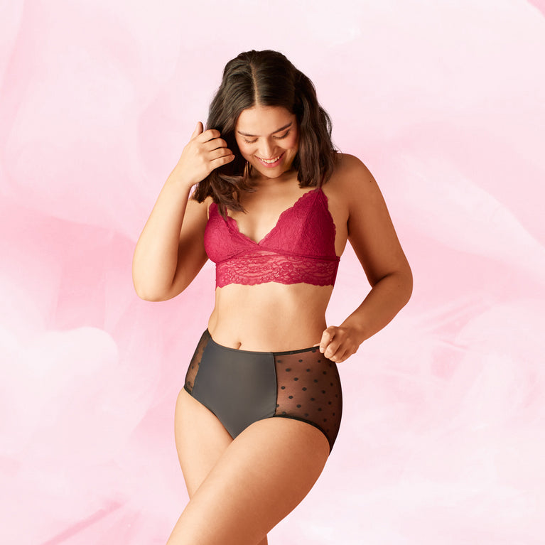 High Waist Dots Light Flow Menstrual Briefs with lace details.