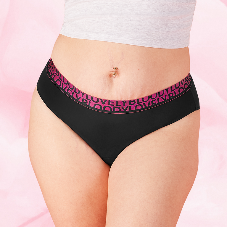 ComfortFit High Leg kohtalainen vuoto -kuukautisalushousut fuksianauhalla.