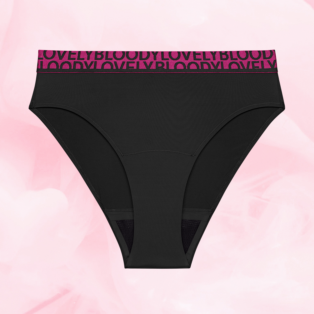 ComfortFit High Leg runsas vuoto mustat bikinialushousut fuksianpunaisella vyötäröllä.