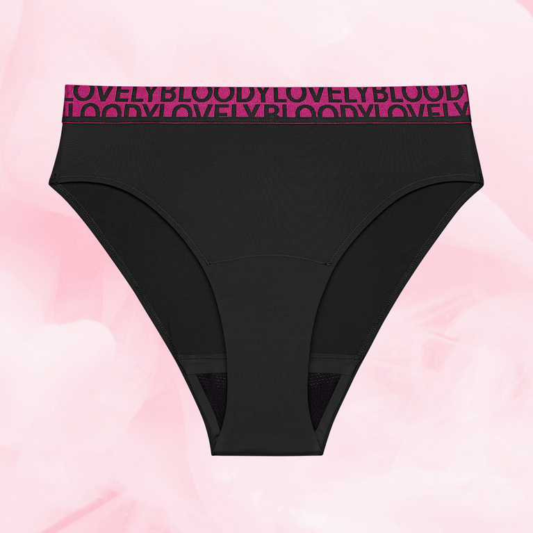 ComfortFit High Leg runsas vuoto mustat bikinialushousut fuksianpunaisella vyötäröllä.