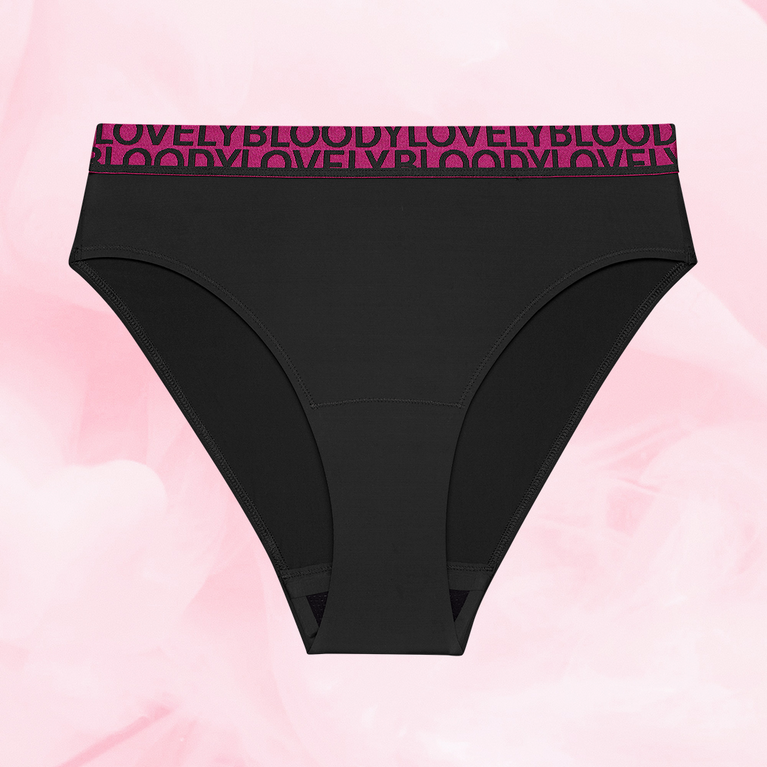 ComfortFit High Leg niukka vuoto -mustat kuukautisalushousut pinkillä vyötäröllä.