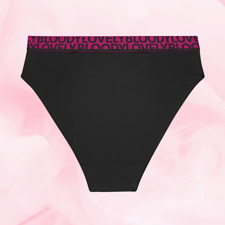 ComfortFit High Leg kohtalainen vuoto, mustat korkeavyötäröiset kuukautisalushousut, pinkki-vyötärö.