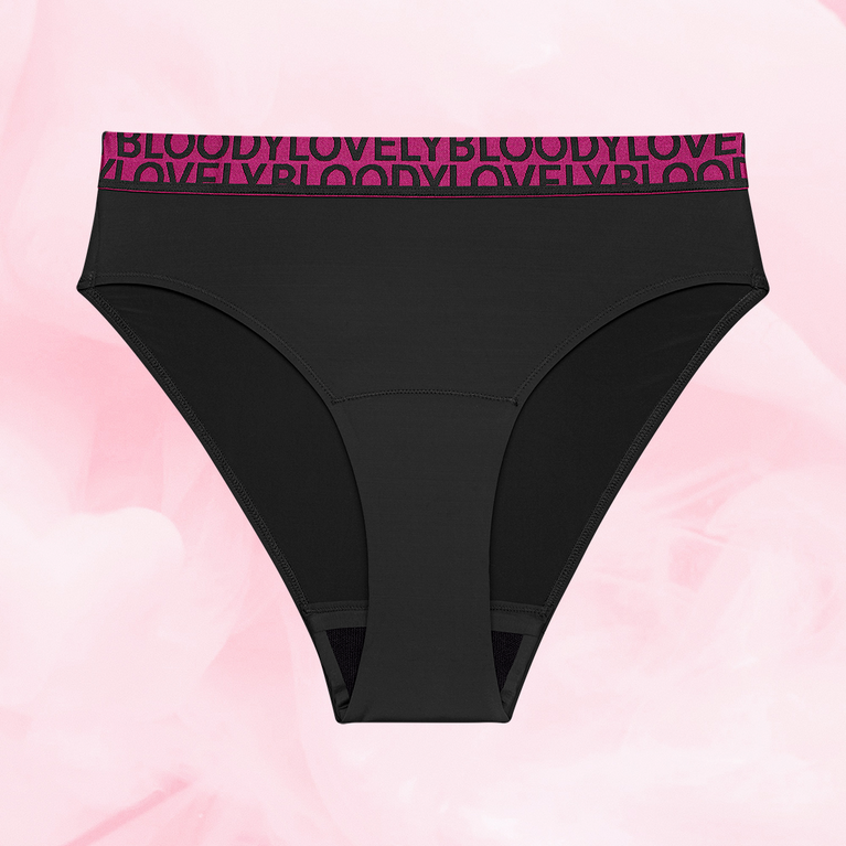 ComfortFit High Leg kohtalainen vuoto, mustat alushousut pinkillä BLOODY LOVELY vyötäröllä.