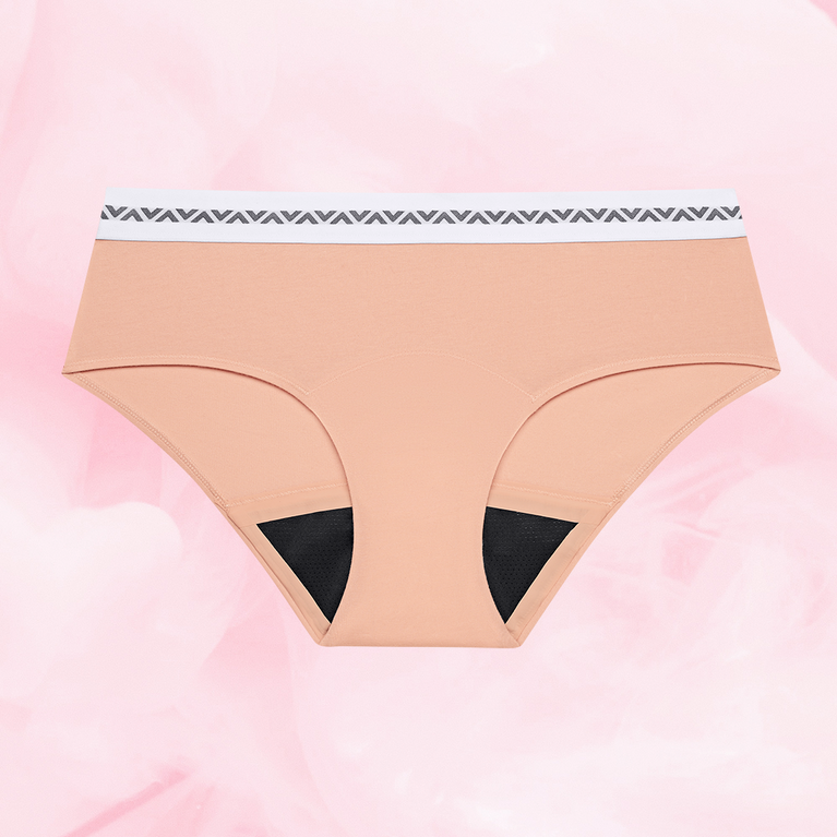 ComfortFit Essentials Hipster Logo period underwear with decorative waistband.
