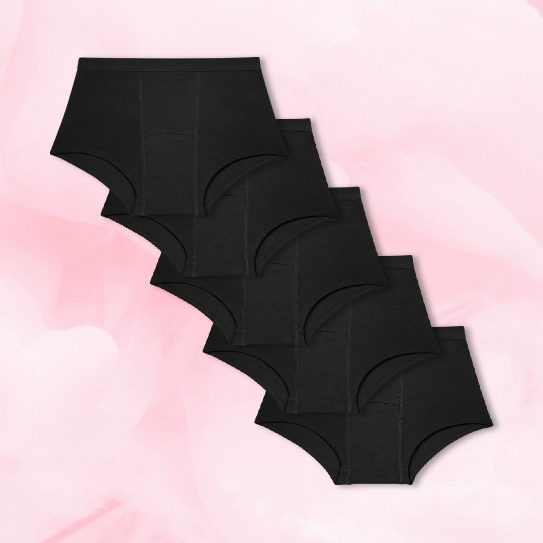 Viiden pakkaus Teens Boxer Runsas vuoto -kuukautisalushousuja.