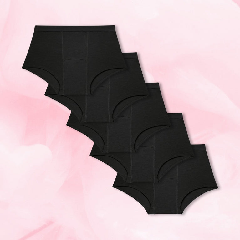 Viiden pakkaus Teens Boxer Runsas vuoto -kuukautisalushousuja.