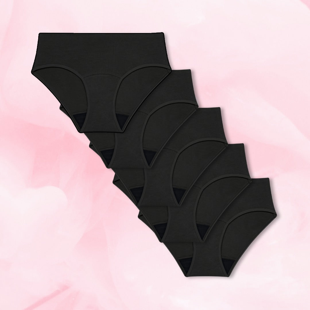 Viisi Teens Hipster Kohtalainen vuoto 5-pack kuukautisalushousuja.